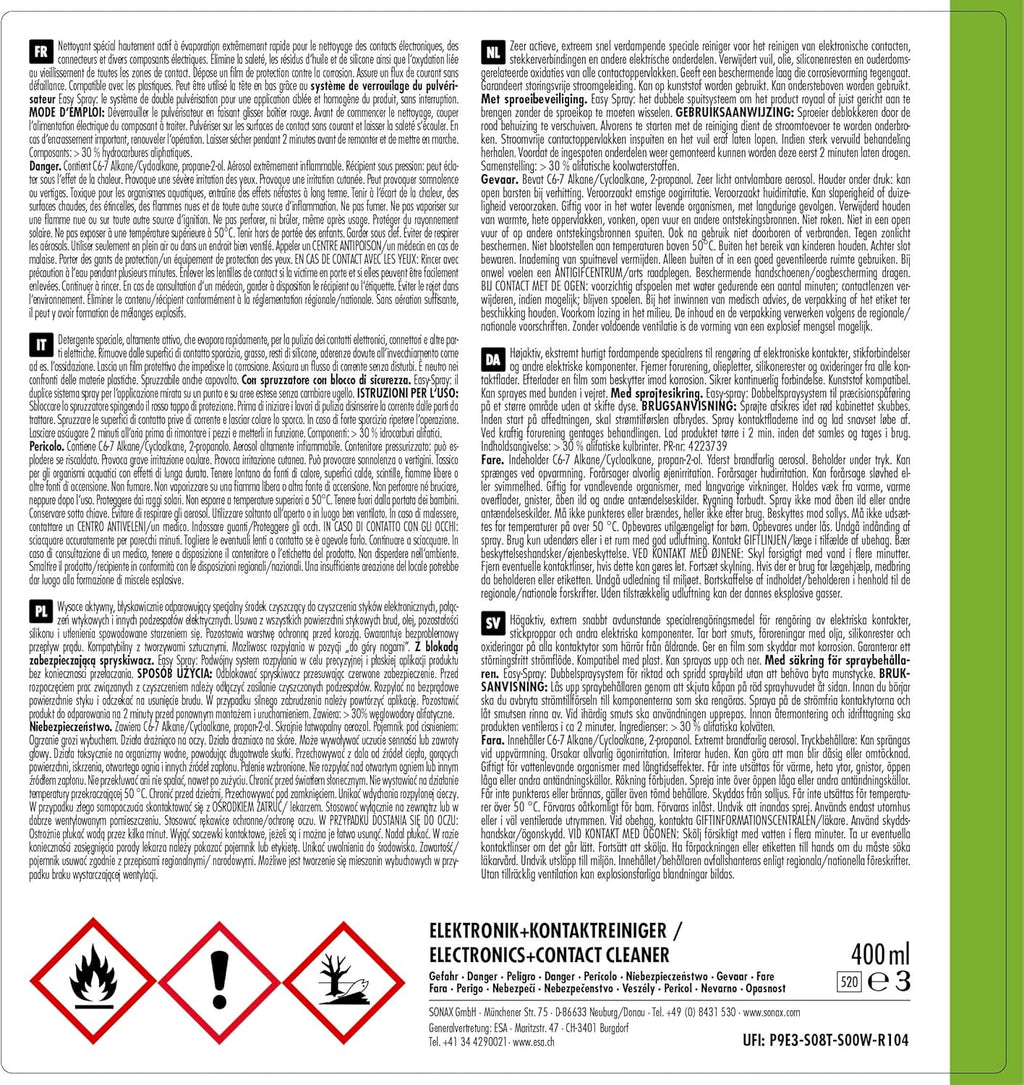 SONAX Limpia Sistemas Electrónicos + Contactos Con Easyspray (400 Ml) Asegura Limpieza Y Protege Contra Corrosión Y Residuos | N.° 04603000