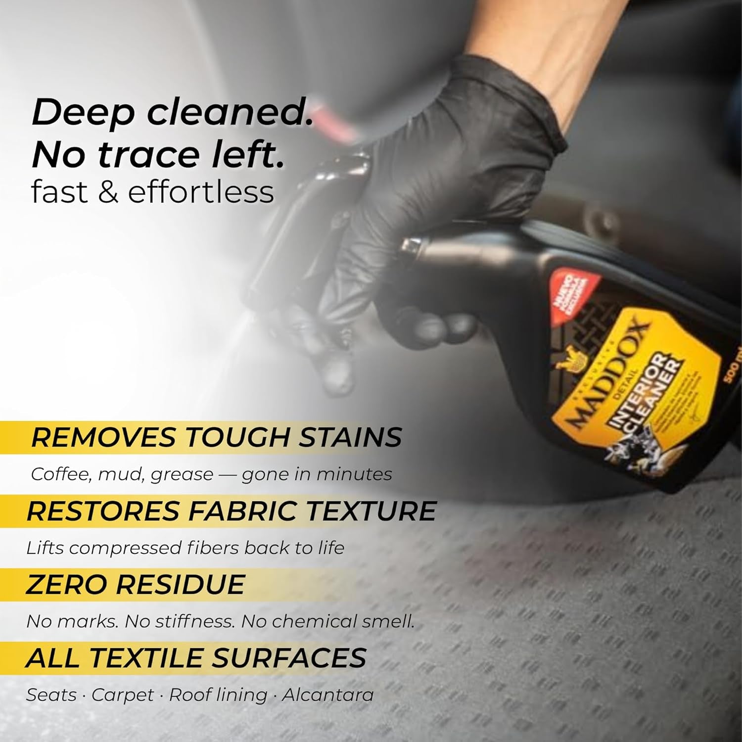 Maddox Detail | Limpiador De Tapicerias Textil, Alfombrillas, Techos, Y Alcántara | Limpieza Coche Interior | Limpia Tapicerias Coche En Profundidad | Productos Limpieza Coche | Interior Cleaner 500Ml
