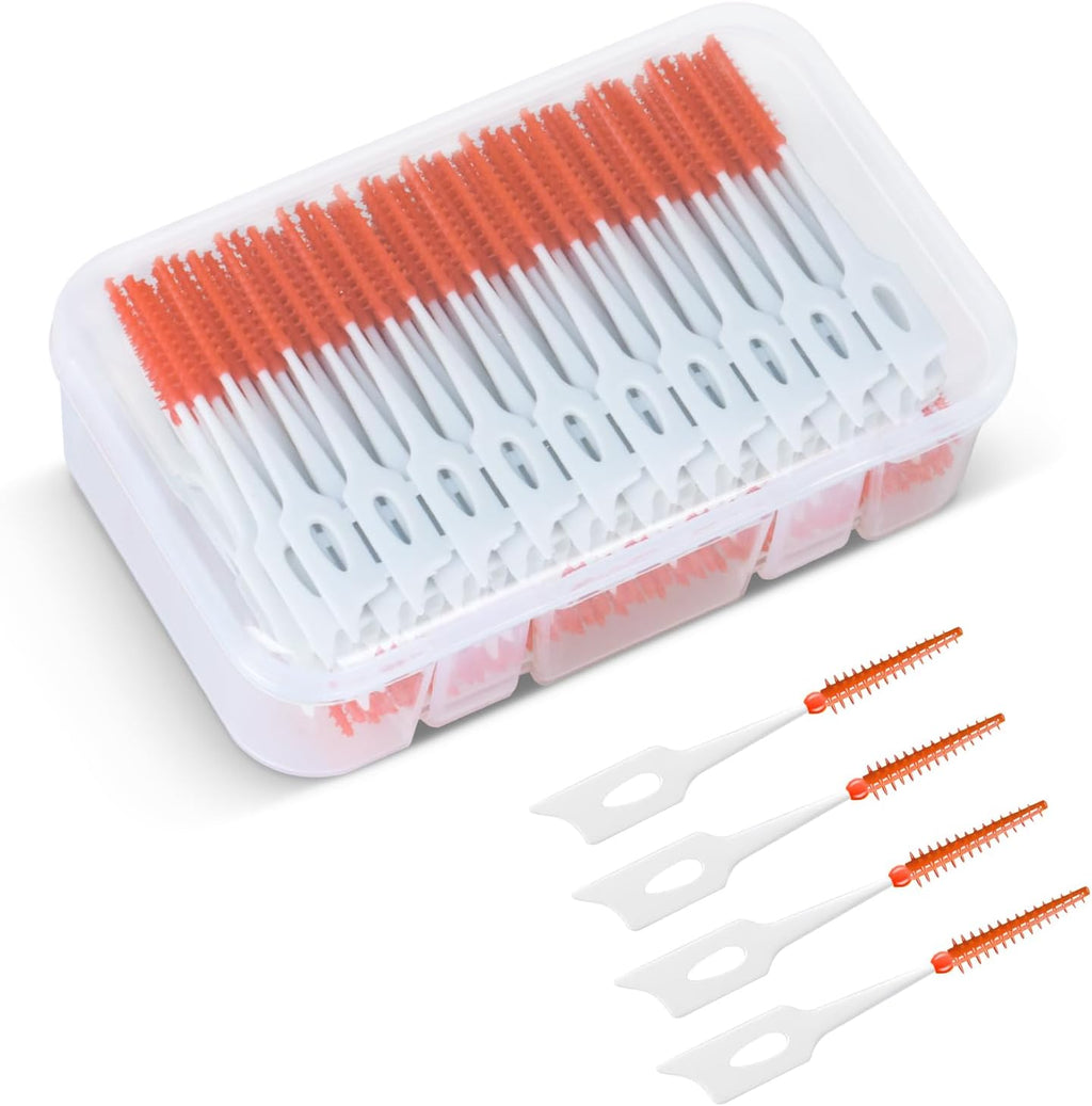 Cepillos Interdentales De Doble Uso, 200 Cepillos Interdentales Wisdom Con Estuche, Hilo Dental Para Llaves De Limpieza Oral, Herramienta De Limpieza De Palillos De Dientes (Rojo Naranja)