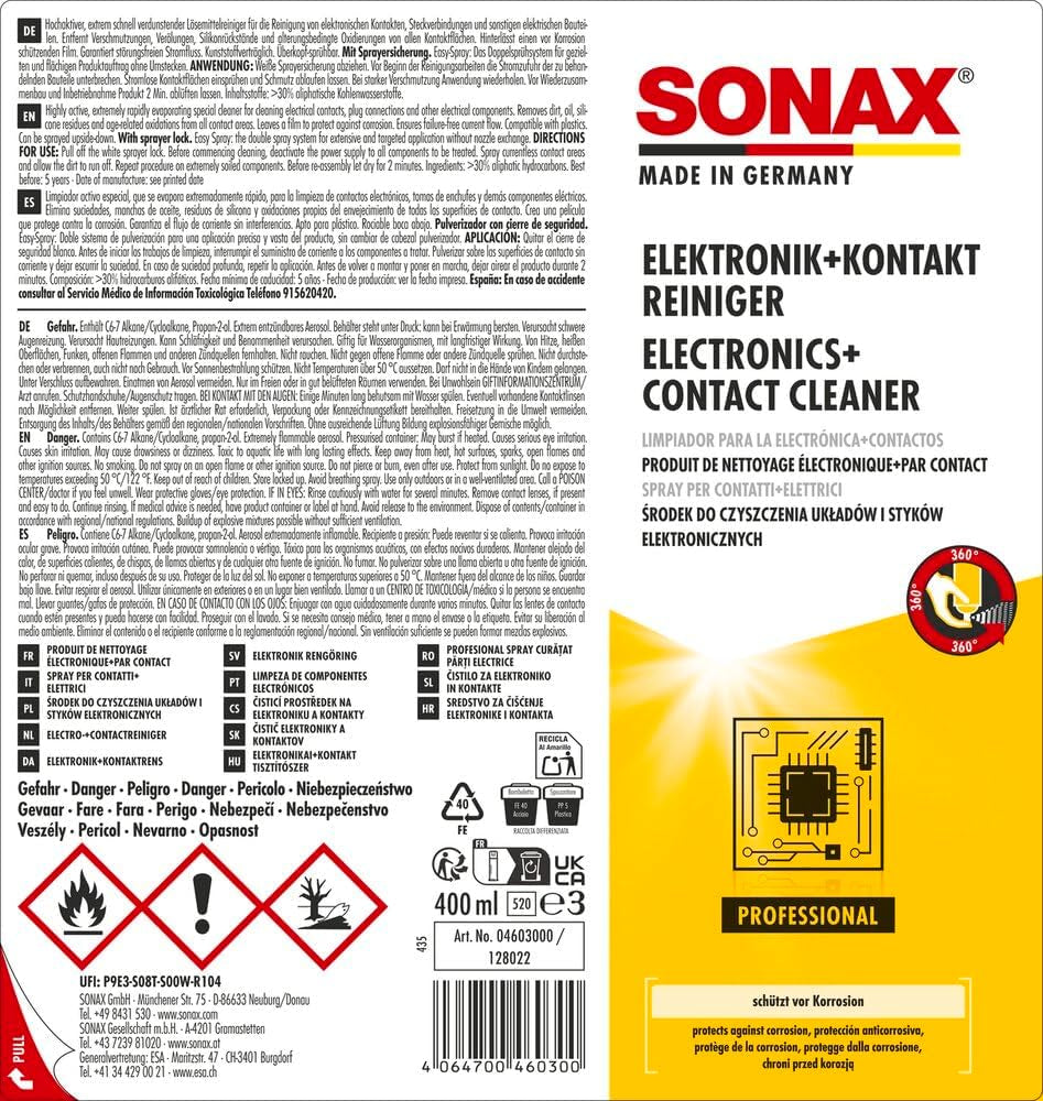 SONAX Limpia Sistemas Electrónicos + Contactos Con Easyspray (400 Ml) Asegura Limpieza Y Protege Contra Corrosión Y Residuos | N.° 04603000