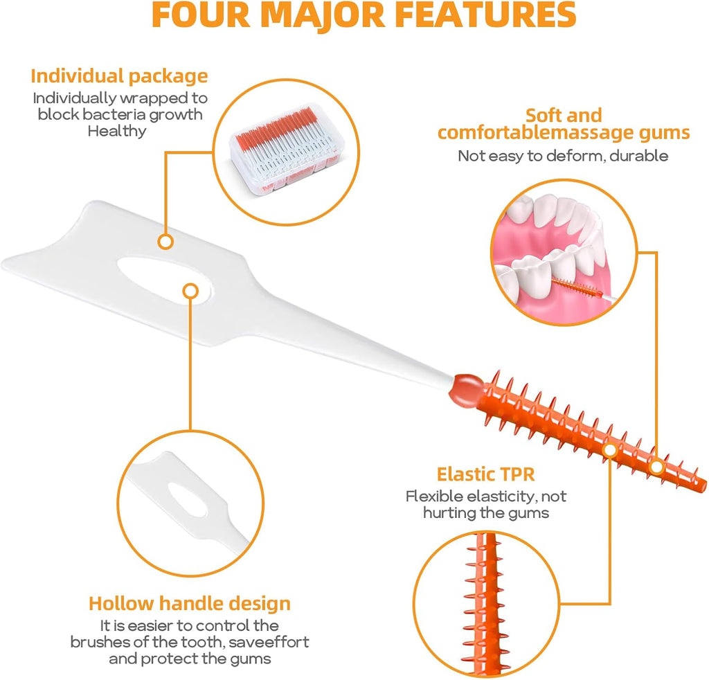 Cepillos Interdentales De Doble Uso, 200 Cepillos Interdentales Wisdom Con Estuche, Hilo Dental Para Llaves De Limpieza Oral, Herramienta De Limpieza De Palillos De Dientes (Rojo Naranja)