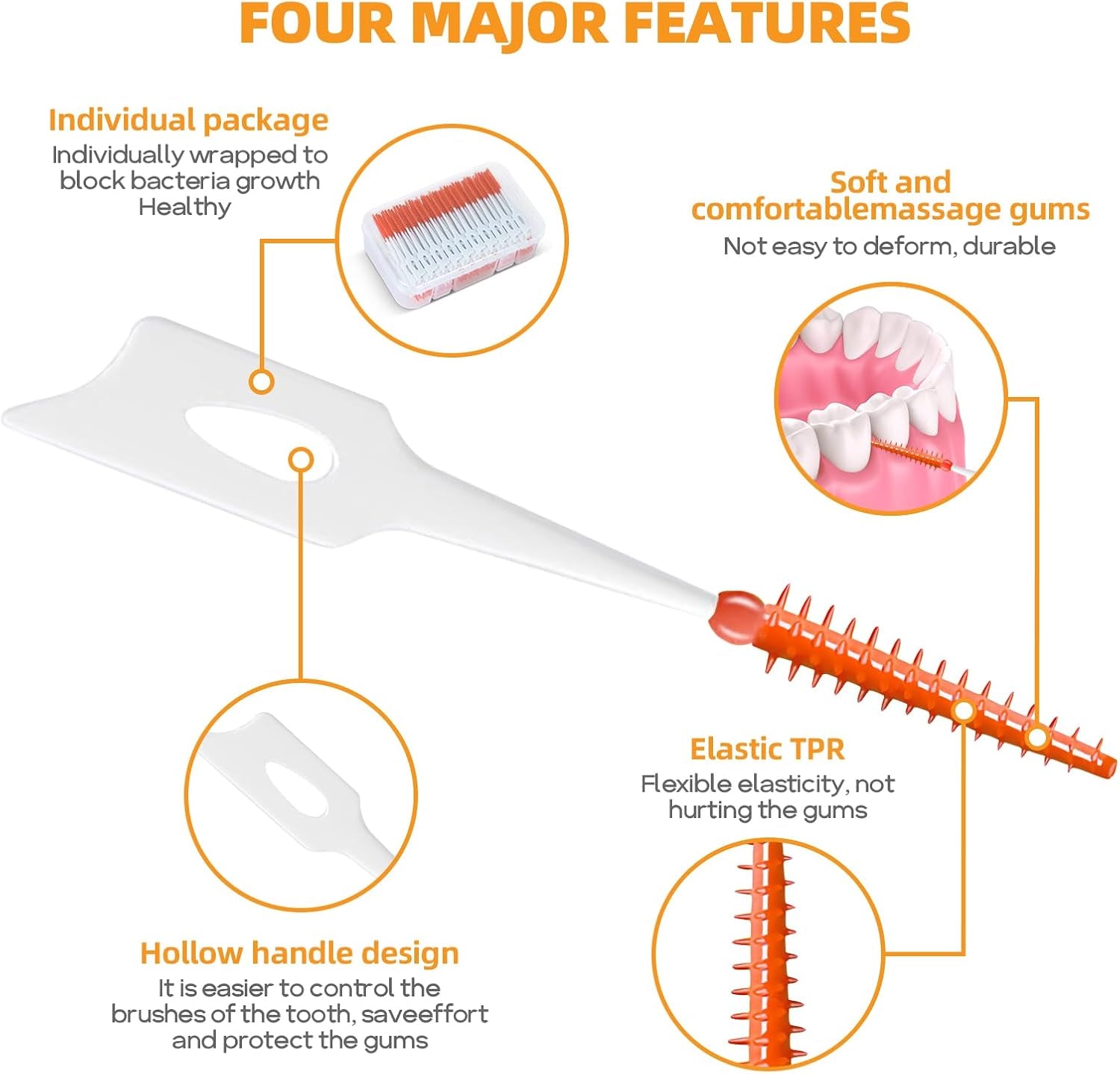 Cepillos Interdentales De Doble Uso, 200 Cepillos Interdentales Wisdom Con Estuche, Hilo Dental Para Llaves De Limpieza Oral, Herramienta De Limpieza De Palillos De Dientes (Rojo Naranja)