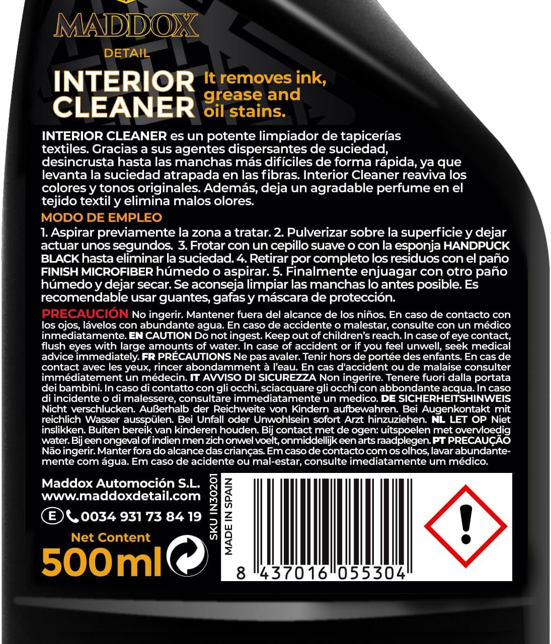 Maddox Detail | Limpiador De Tapicerias Textil, Alfombrillas, Techos, Y Alcántara | Limpieza Coche Interior | Limpia Tapicerias Coche En Profundidad | Productos Limpieza Coche | Interior Cleaner 500Ml