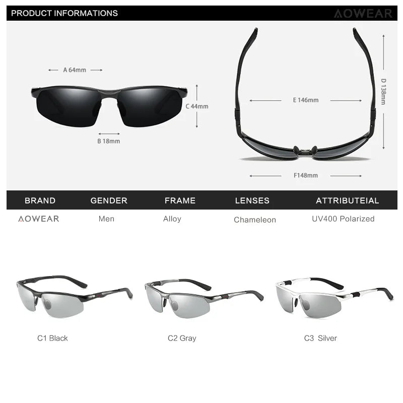 Photochromic Sunglasses Men Polarized Day Night Driving Glasses High Quality Aluminium Rimless Chameleon Eyewear Gafas